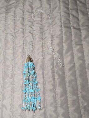 $1 with Bundle ~ Turquoise Chip Seed Bead Tassel Pendant Necklace 6434